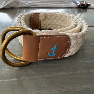 Cream Braided Belt with Brown Leather and Gold Buckle